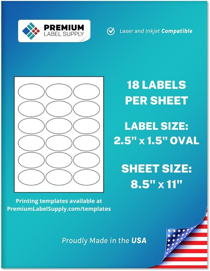 Premium Label Supply White Sticker Oval Labels – 2.5" x 1.5" Oval – Laser/Inkjet Compatible – (18 per Sheet), 1000 Sheets – 18,000 Total Adhesive Labels