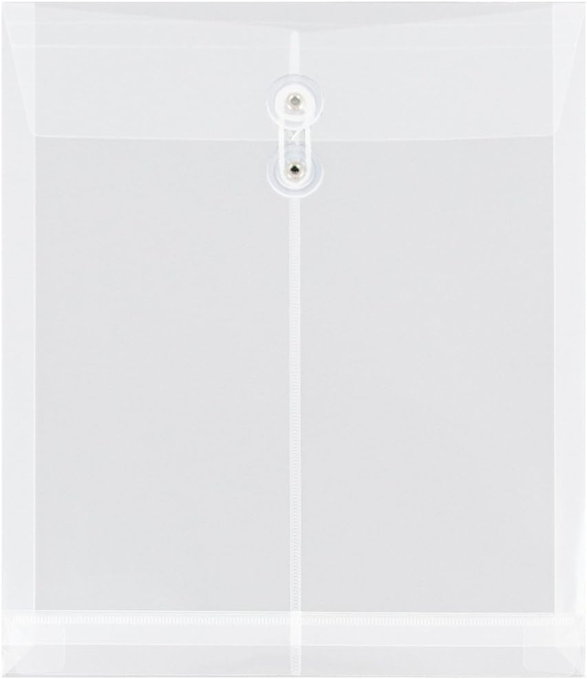 JAM PAPER Plastic Envelopes with Button & String Tie Closure - Letter Open End - 9 3/4 x 11 3/4 - Clear - 12/Pack