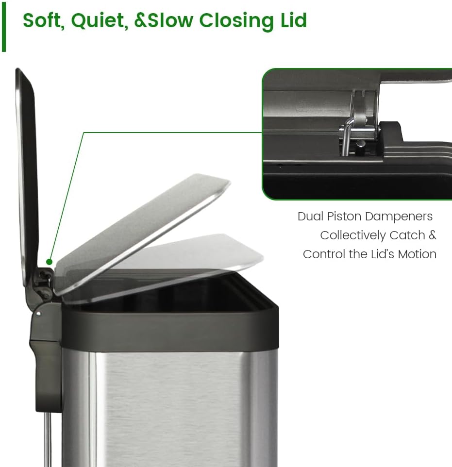 18 Gallon Stainless Steel Step Trash Can with Soft-Close Lid & Stay-Open, Rectangular Kitchen Garbage Bin for Home & Office, Tall Trash Bin No Liner Needed (70 Liter Larger Capacity)