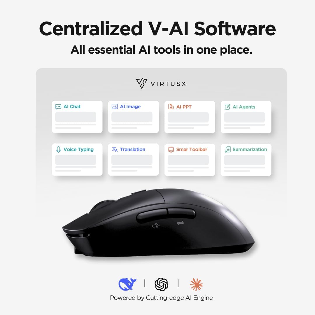 Virtusx AI Mouse, Jethro V1 – AI Voice & Audio Recorder, Note Taking Mouse for Computer & Laptop with Centralized AI Software, AI Writing Tools, Voice Typing, Transcribe, Translate & Summarize