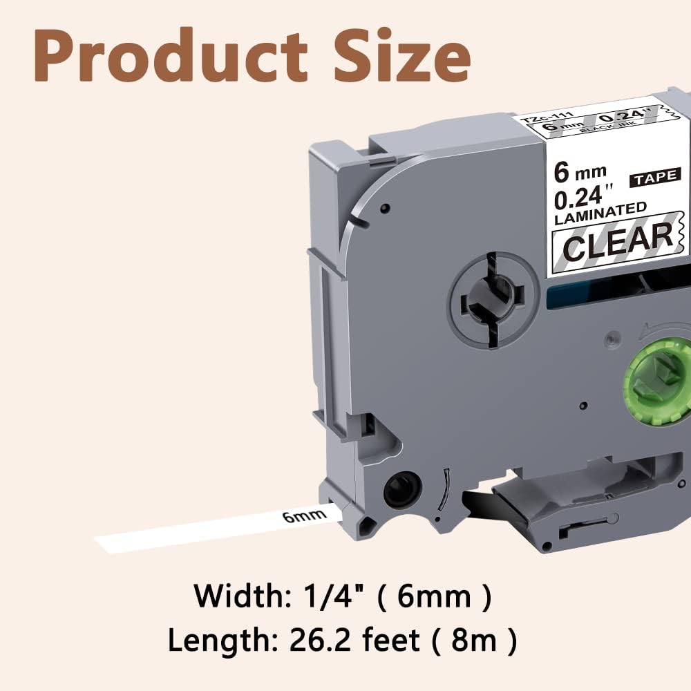 Hehua Tze Tz 6mm 0.23 Laminated Clear Tape Compatible for Brother Label Maker Tape TZe-111 TZe111 TZ-111 TZ111 for Ptouch PT D200 D210 H110 1880, 1/4'' x 26.2ft Black on Clear, 3 Pack