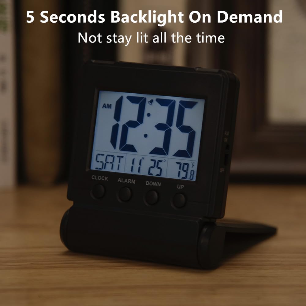 FAMICOZY Small Folding Digital Travel Alarm Clock with Day/Month/Date/Indoor Temperature,Easy to Read and Set,High/Low Alarm Volume,9 Min Snooze,Backlight on Demand,Bedside Calendar Alarm Clock,Black