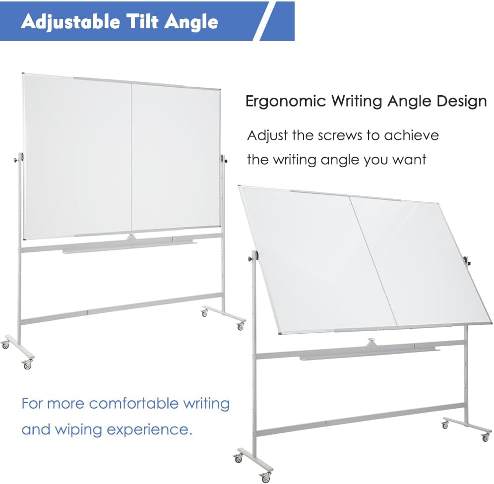 FORTUNO Large Magnetic Mobile Whiteboard 96"x48", Rolling Double Sided Stand Whiteboard on Wheels, Reversible Adjustable Height/Angle Dry Erase Board 8' x 4' Easel White Board for Office Classroom