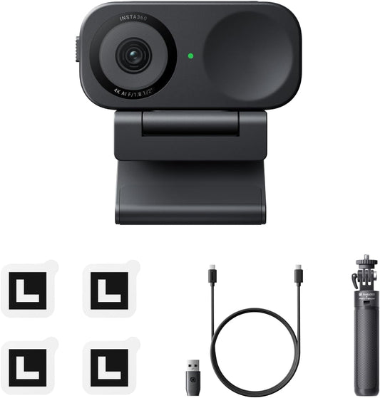 Insta360 Link 2C Tripod Bundle - 4K Webcam for PC/Mac, 1/2" Sensor, Auto Framing, HDR, AI Noise-Canceling Mic, Gesture Control for Streaming, Video Calls, Gaming, Works with Zoom, Teams, Twitch & More