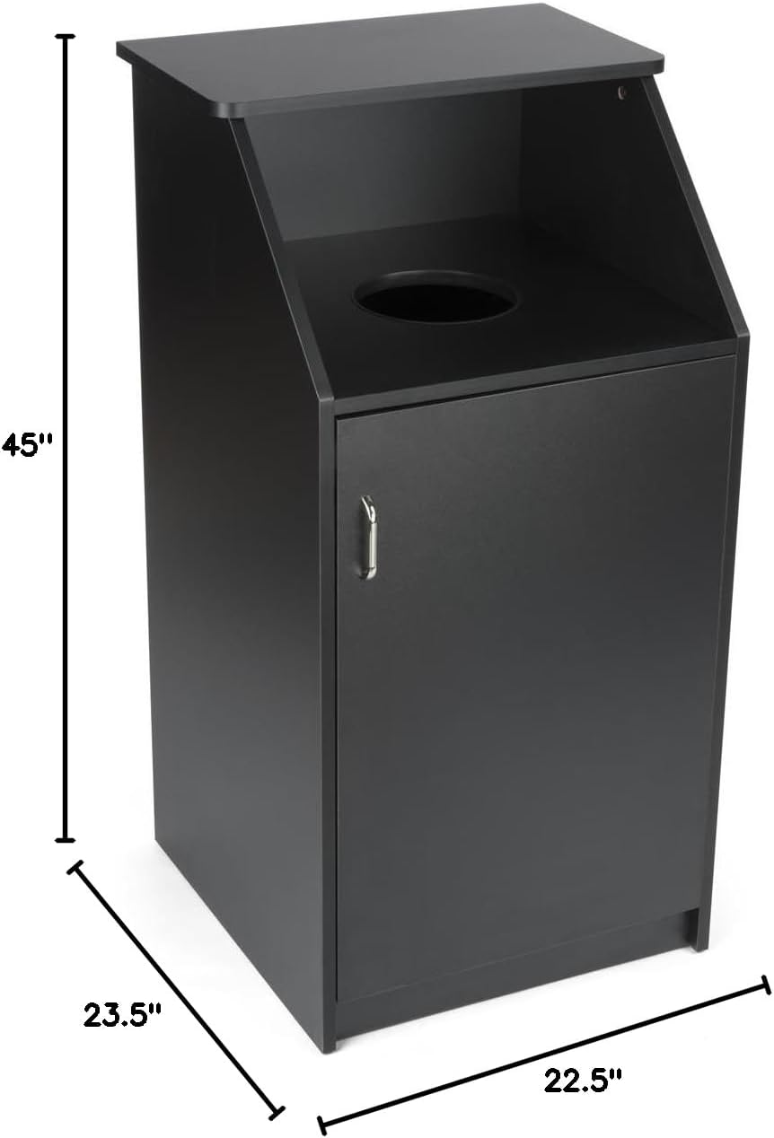 Displays2go Commercial Trash Bin with Black Finish, MDF Construction, Melamine Finish, Circular Cutout - Hinged Door (LCKDTLCSBK)