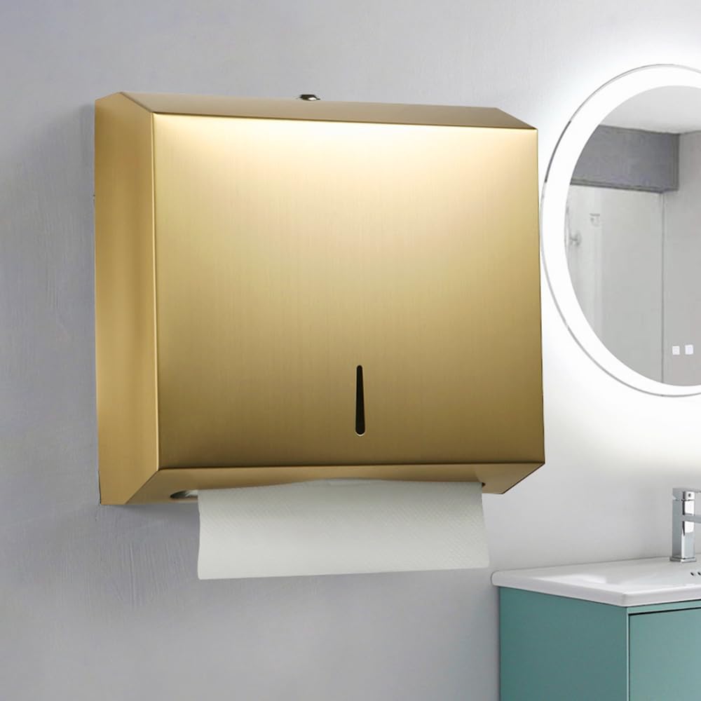 Comercial Paper Towel Dispenser Wall Mount, Brushed Gold Stainless Steel Hand Towel Dispenser with Lock, Large Capacity Trifold/C Fold Paper Towel Holder for Bathroom Kitchen Office Public Places