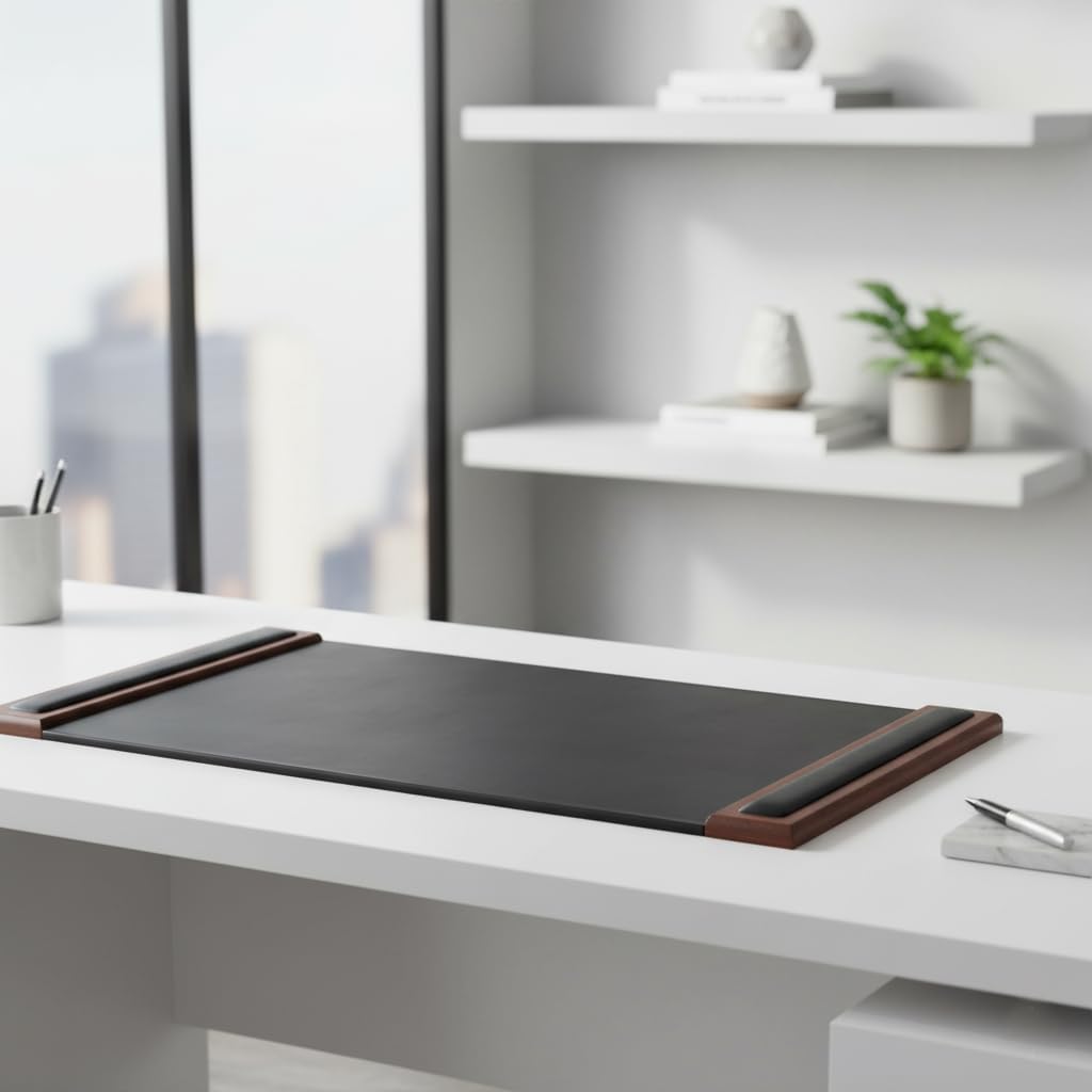 Dacasso Wood & Leather Pad with Side Rails Luxury Leather Desk Blotter for Writing, 34” x 20”, Walnut & Black