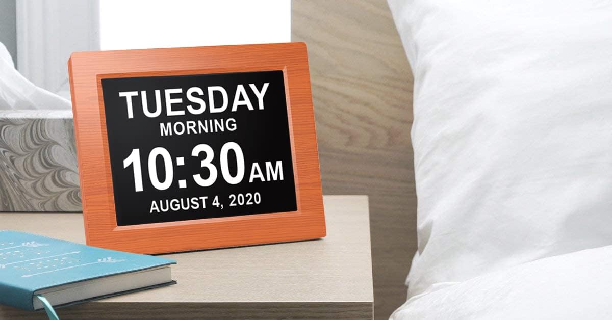 American Lifetime 【New 2025】 Dementia Clock Large Digital Clock for Seniors, Alzeimer Clock Large Display with Custom Alarms, Clock with Day & Date for Elderly, Digital Calendar Brown Wood