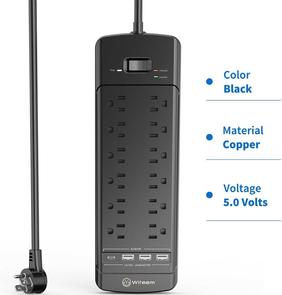 Surge Protector Power Strip - 12 Outlets,3 USB+USB-C 3.4A Ports, 6Ft Extension Cord, 1875W/15A, 4360Joules, Overload Protection - Ideal for Home & Office Use (Black-USBC)