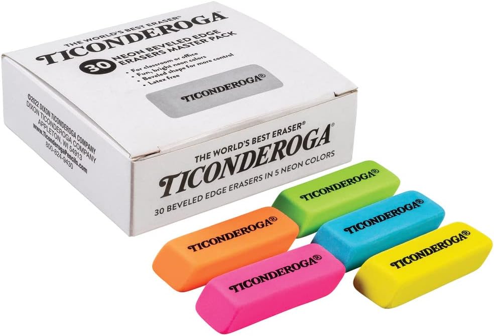 Ticonderoga Wedge Erasers, Neon Colors, 30 Count, Class Pack