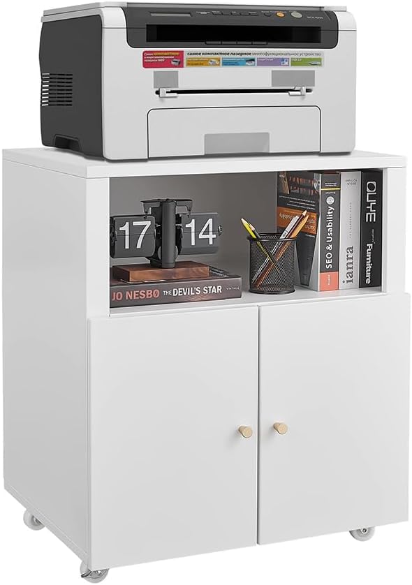 Metal Printer Stand with Storage, Large Black Printer Cabinet with Wheels and Adjustable Shelf for Home Office, Heavy Duty Printer Table