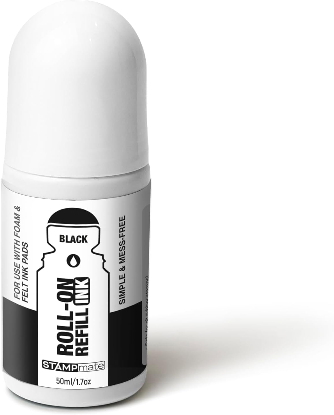 Roll-On Stamp Pad Ink Refill 50ml/1.7oz – Self Inking, Foam & Felt Pads – Easy-Use Roller Ball Applicator (Black)