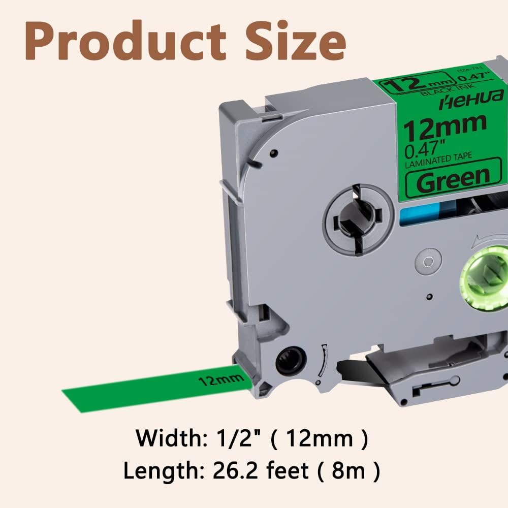Hehua Tze Tz Tape 12mm 0.47 Laminated Green Compatible for Brother P-Touch TZe-731 TZe731 TZ-731 TZ731 Tape for Ptouch PT D210 D200 D220 D610, 1/2'' x 26.2ft Black on Green, 3 Pack