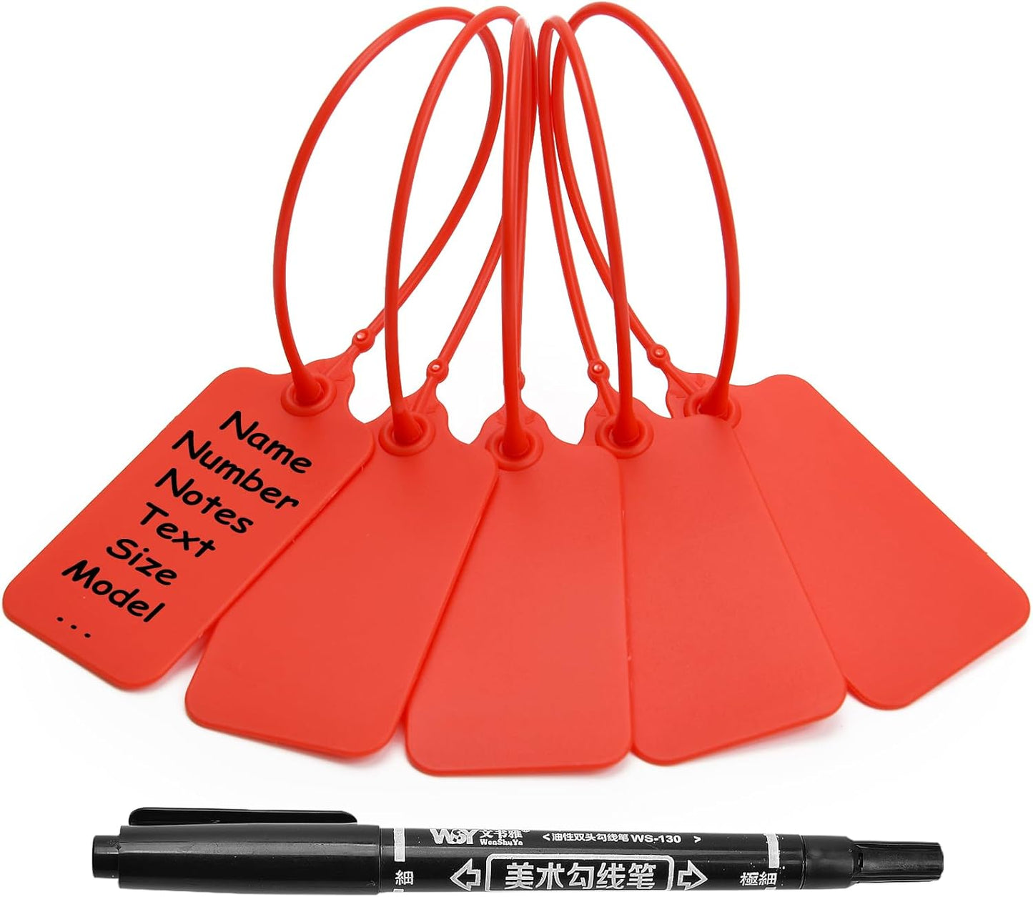 100 Red Blank Plastic Tags for Labeling Waterproof Hanging Labels Writable Tags Seal Plastic Marking Label for Clothes Bags Keys Inventory with One Marker Pen