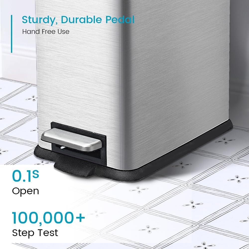 12 Gallon Slim Kitchen Trash Can, Metal Trash Can with Removal Inner Bucket and Soft-Close Lid, Foot Pedal, Stainless Steel Garbage Can 45 Liter, Silver