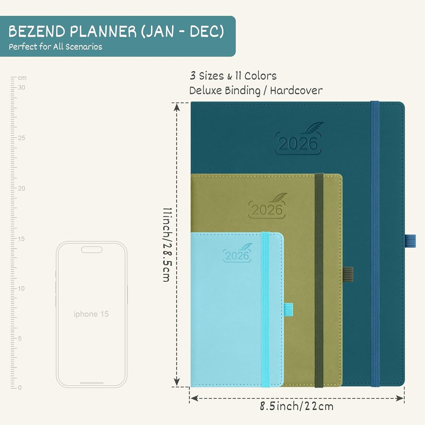 BEZEND 2026 Planner Weekly and Monthly (8.5" x 11") Daily Calendar with Half-Hourly Timeslots & Tab (Jan-Dec) Note & Expenses, Pen Holder, Inner Pocket, Vegan Leather Hardcover - Cornflower