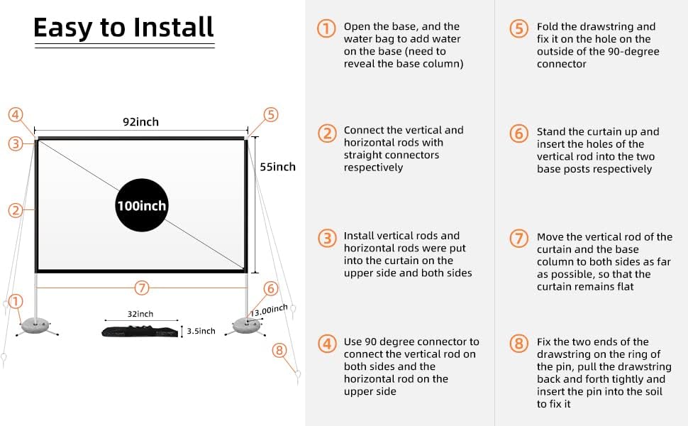 Projector Screen and Stand 100 Inch Portable Outdoor Projection Screen 16:9 4K HD Movie Projection Screen with Carry Bag for Indoor Outdoor Home Theater Film Night Party Camping Foldable Anti Crease