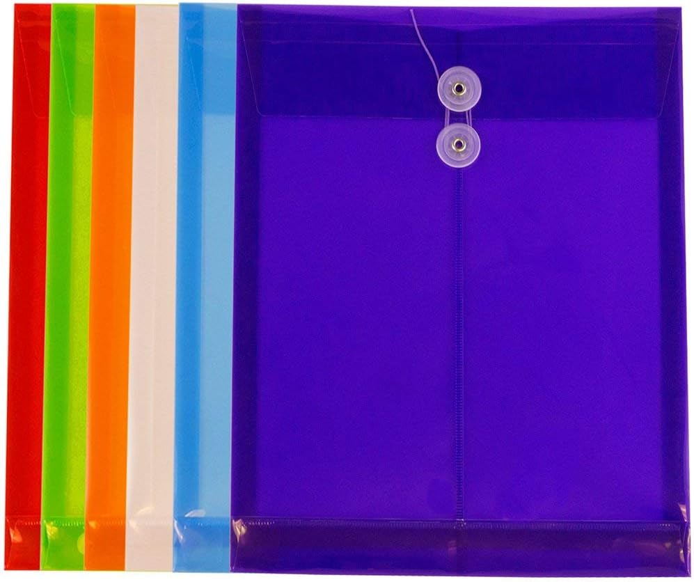 JAM PAPER Plastic Envelopes with Button & String Tie Closure - Letter Open End - 9 3/4 x 11 3/4 - Assorted Colors - 6/Pack