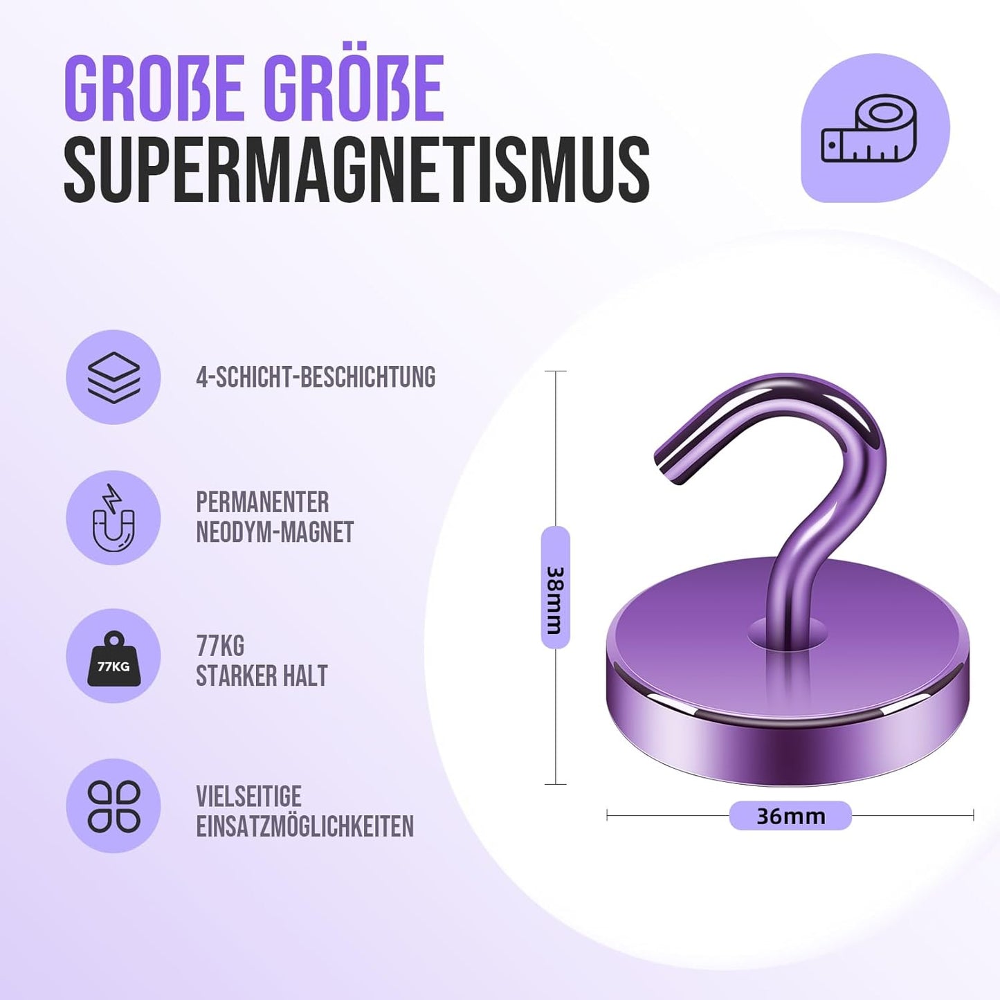 Neosmuk Magnetic Hooks, Heavy Duty 170lb Strong Magnets for Cruise Cabins, Ship Essentials, Large Metal Hooks for Hanging on Fridge(Purple,Pack of 4)