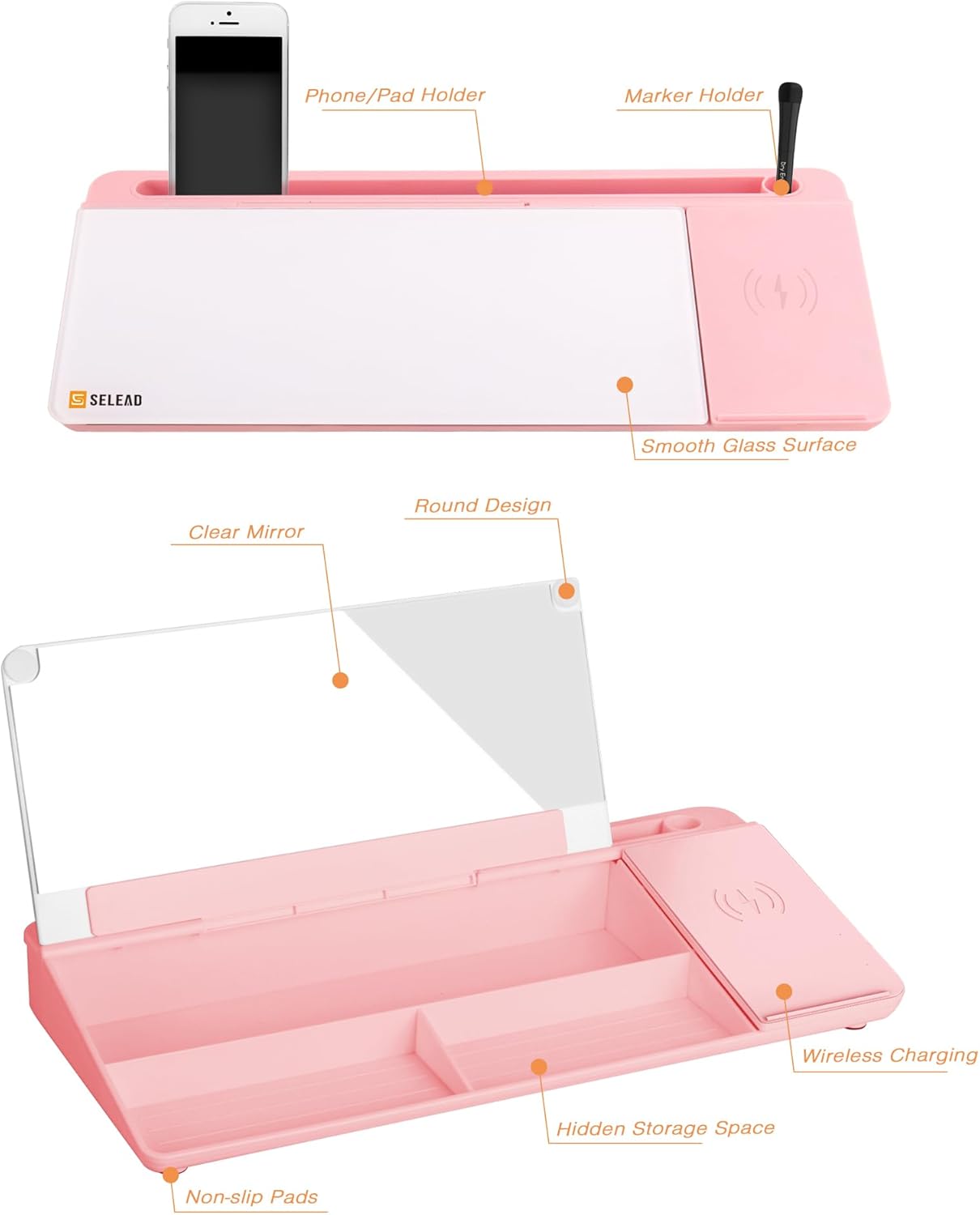 SELEAD Desktop Glass Whiteboard with Wireless Charger Station and Mirror, Desk Dry Erase Board Computer Pad Keyboard Stand with Organizer for Home, School, Office Accessories for Women, Pink