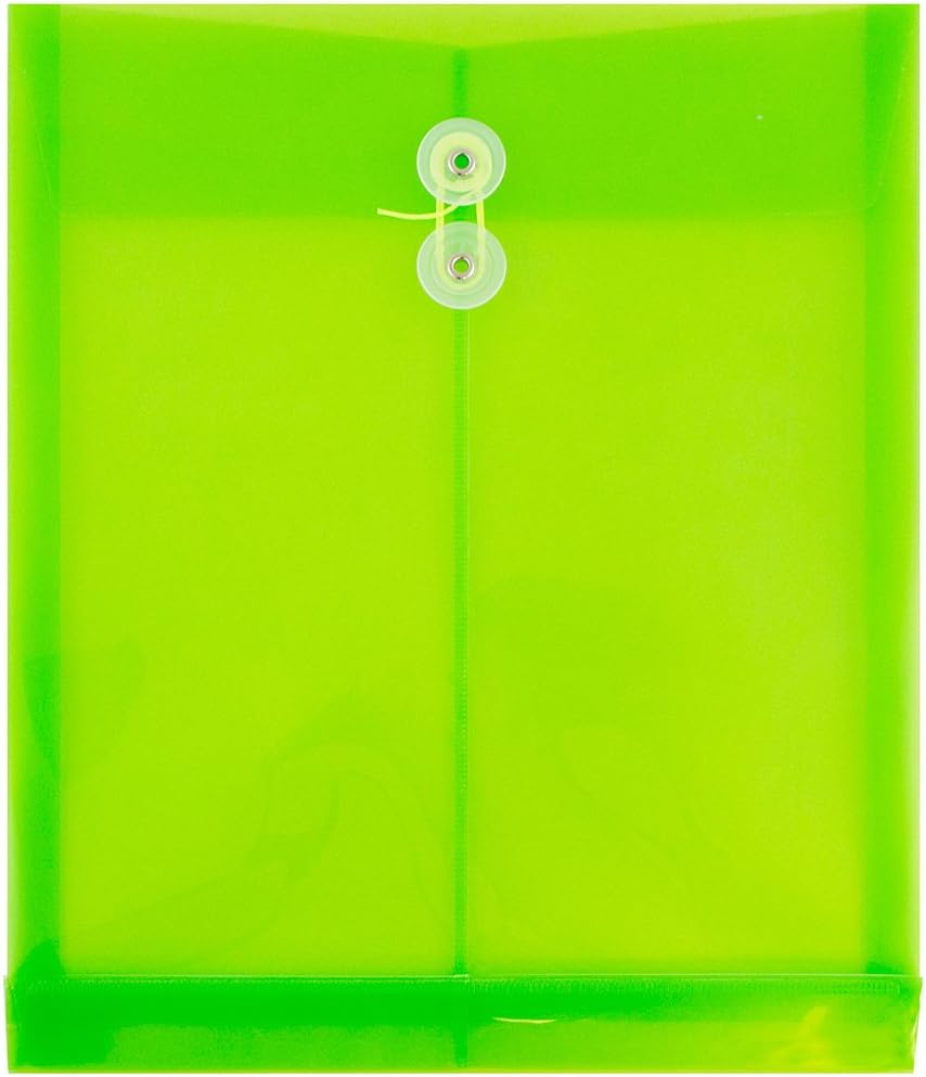 JAM PAPER Plastic Envelopes with Button & String Tie Closure - Letter Open End - 9 3/4 x 11 3/4 - Assorted Colors - 12/Pack