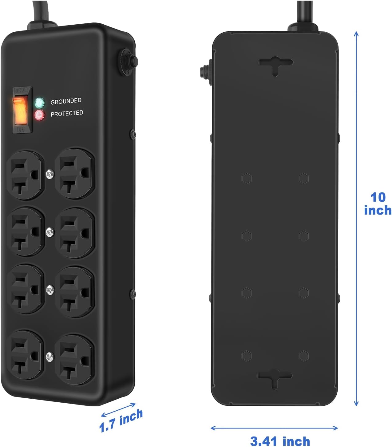 20Amp Power Strip Surge Protector, Durable Metal 8-Outlet with Heavy Duty 20 Amp 10Ft 12 Gauge Extension Cord, for Garage, Workshop & Industrial Use with 6-20R T-Slot Outlets, 4800J