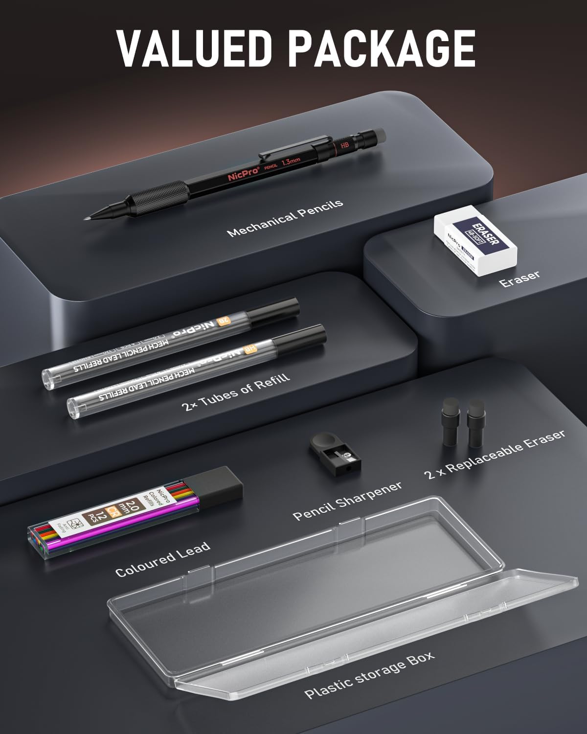 Nicpro 2mm Mechanical Pencils Set with Case, 12 Black Lead Refills,12 Colored Lead Refills, Erasers - MP2000 Weatherproof Metal Lead Holder, Heavy Duty Carpenter Pencil For Writing Drawing Woodworking