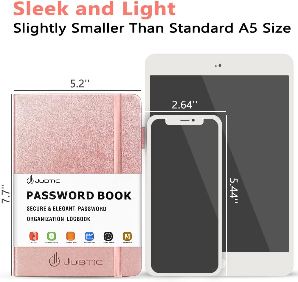 JUBTIC Password Book with Alphabetical Tabs. Medium Size Password Notebook for Internet Website Address Log in Details. Hardcover Password Journal & Organizer for Home Office, Rose Gold