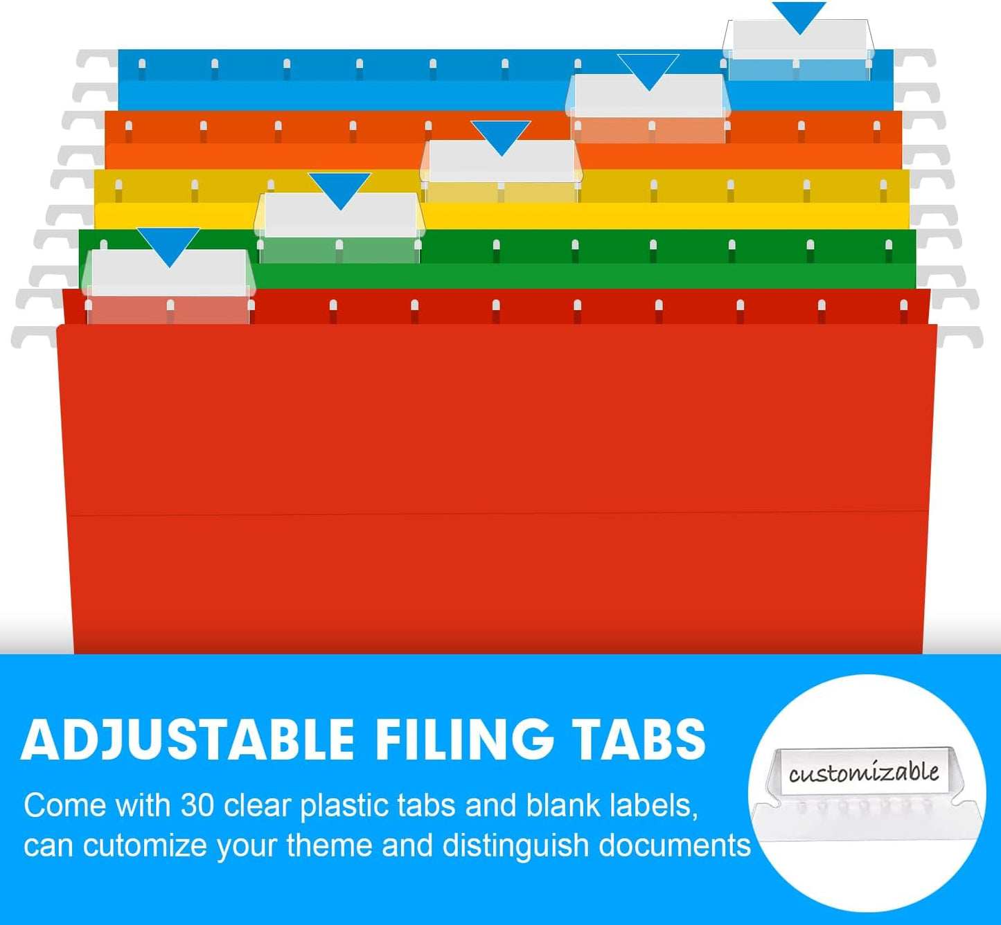 Extra Capacity Hanging File Folders, RAZCC 30 Pack Letter Size Reinforced Hanging Folders with Heavy Duty 2 Inch Expansion for Bulky Files, Filing Cabinet, Adjustable Tabs, Assorted Colors