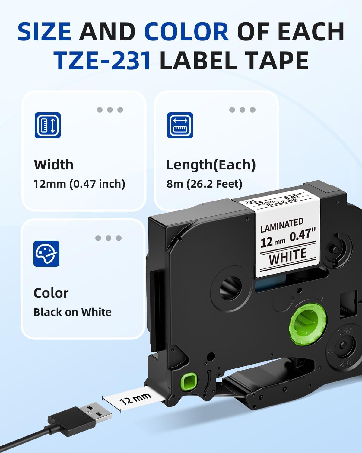Airmall Replace for Brother Label Maker Tape TZe-231 TZe TZ Tape 12mm 0.47 Inch Laminated White TZe231 Black on White Compatible with Brother P-Touch 1/2" PT-D210 D220 H110 D400 D410 1280, 10-Pack