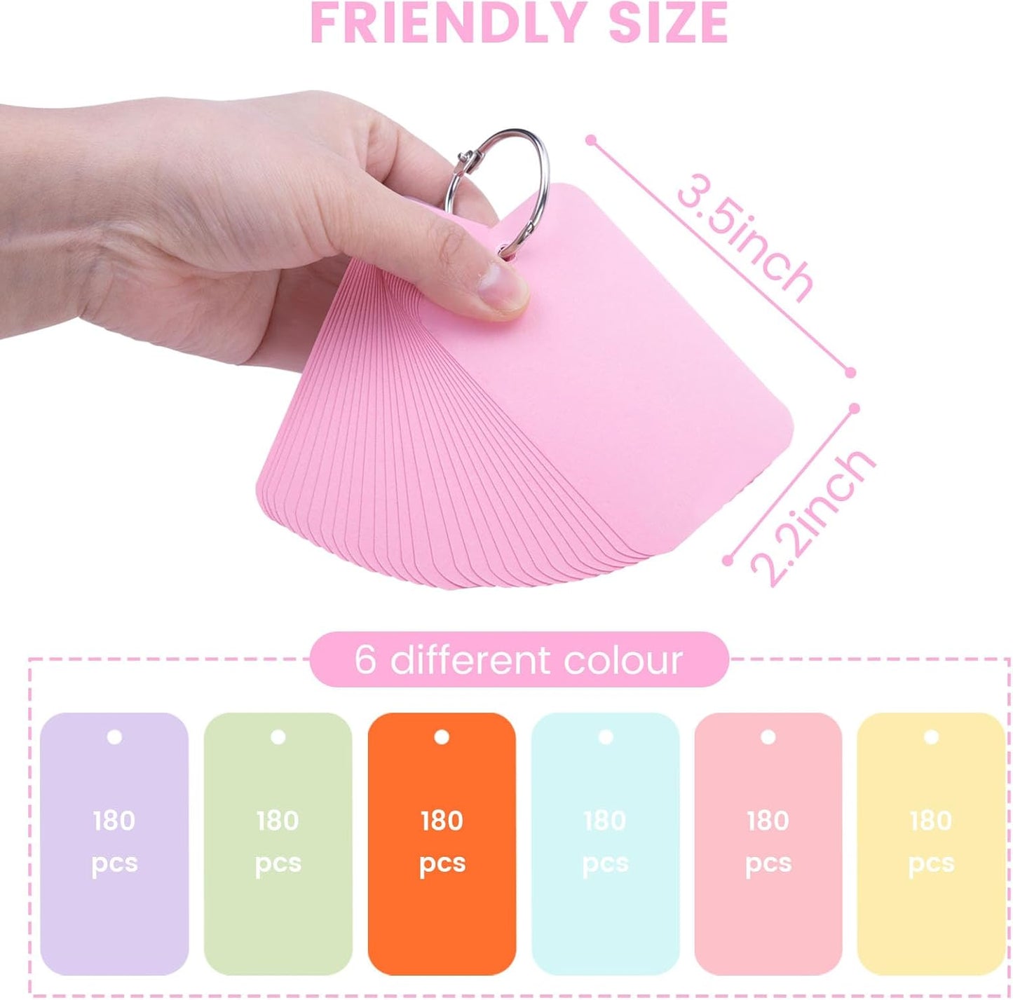 Koogel Index Cards for Metal Key Rings, 2.2 x 3.5 Inch, 1080PCS Colored Flash Card for Back to School, Small Portable Notecards for Studying Classroom Note Taking To Do List Supplies, 6 Colors