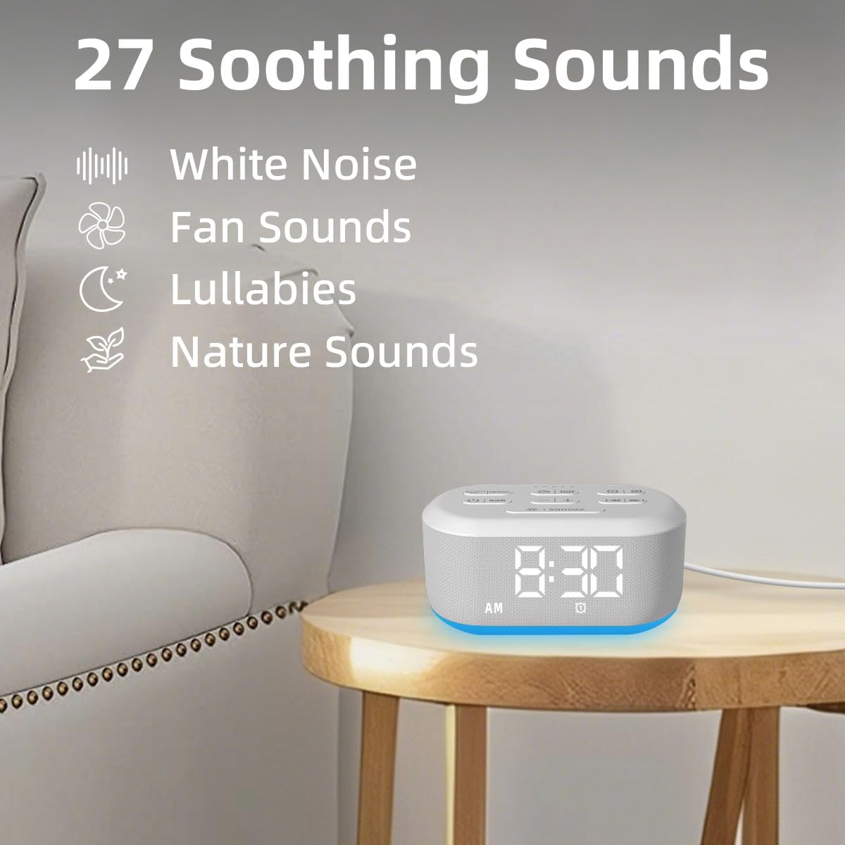 Brown Noise Machine Small Digital Alarm Clock Sound Machine for Bedrooms White Noise Machine Night Light Plug in Desk Clock with 30 Wake up Sounds Clock for Kids Heavy Sleepers Snooze 32 Levels Volume