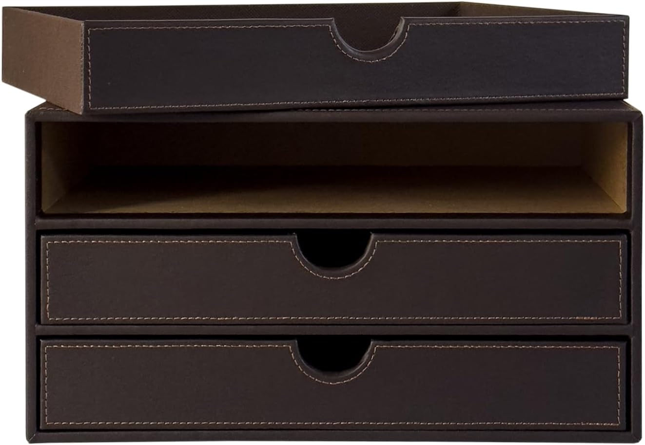 UnionBasic Leather Desktop Drawer Organizer, File Cabinet Magazine Document Holder, Office Supplies Desk Storage Organizer Box, 3 Drawer, Coffee