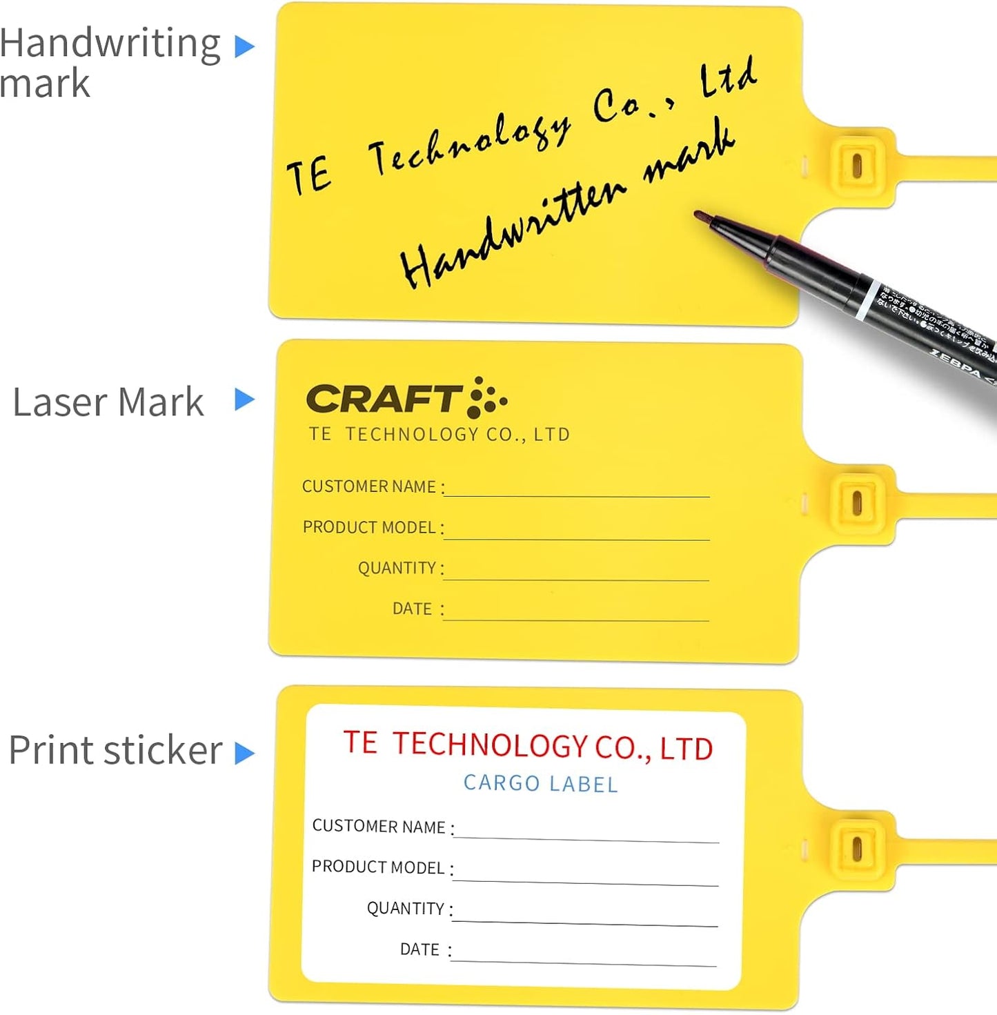 100 Yellow Plastic Writable Shipping Tags - Large, Waterproof, Hanging Labels with One Permanent Marker Pen