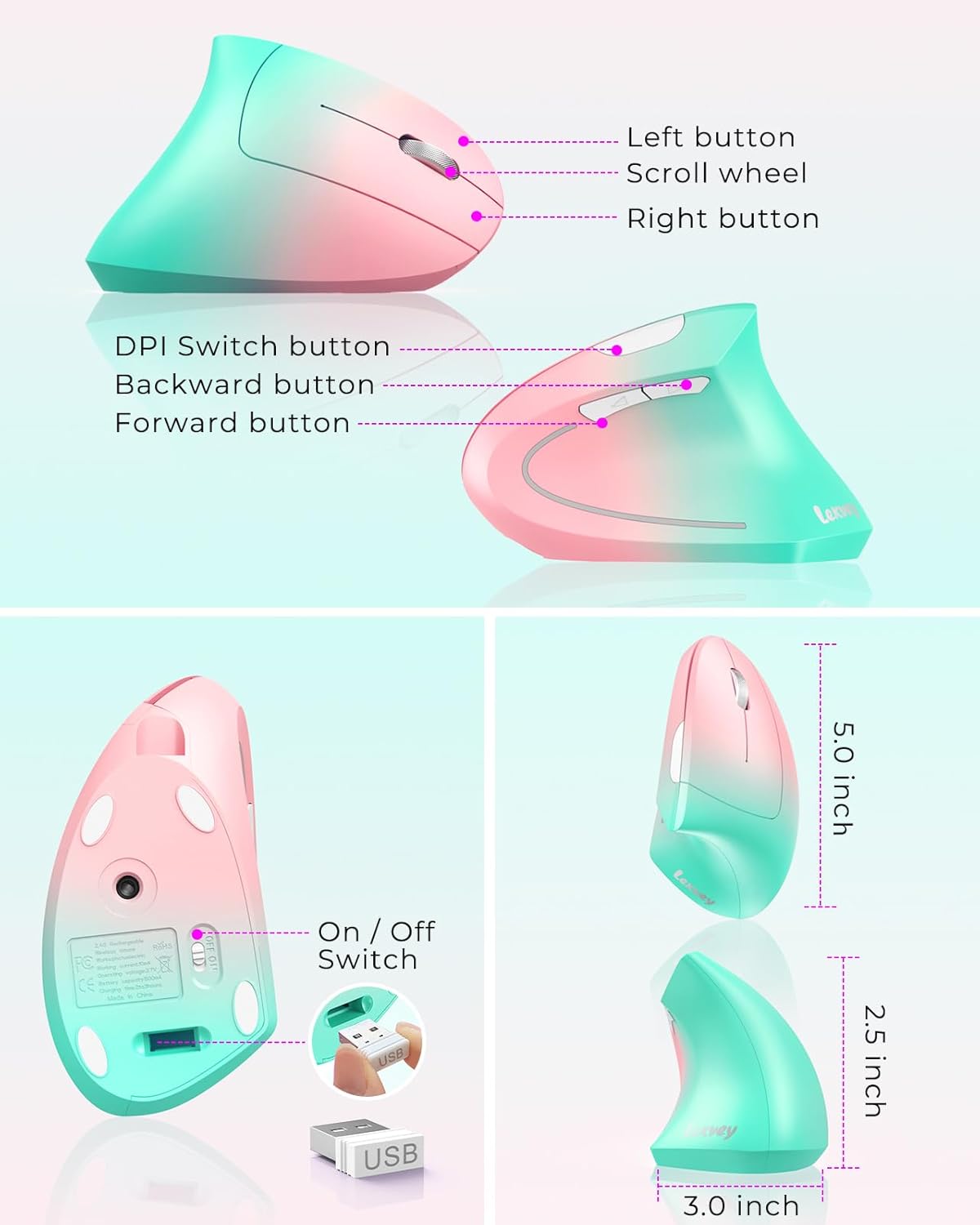 Lekvey Ergonomic Mouse, Vertical Wireless Mouse, Rechargeable 2.4G Optical Carpal Tunnel Mice with USB Receiver: 1000/1200 / 1600 DPI, 6 Buttons, for Laptop, Computer, PC, Desktop, Pink Green