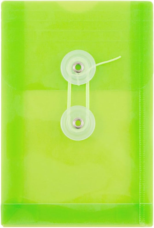 JAM PAPER Plastic Envelopes with Button & String Tie Closure - 4 1/4 x 6 1/4 - Lime Green - 12/Pack