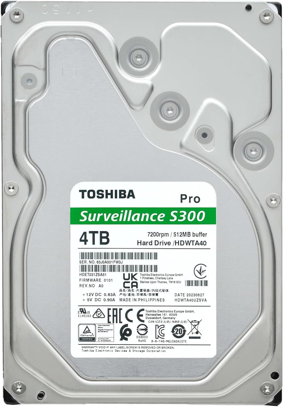 Toshiba S300 PRO 4TB Surveillance 3.5” Internal Hard Drive – CMR SATA 6 Gb/s 7200 RPM 512MB Cache - HDWTA40UZSVAR
