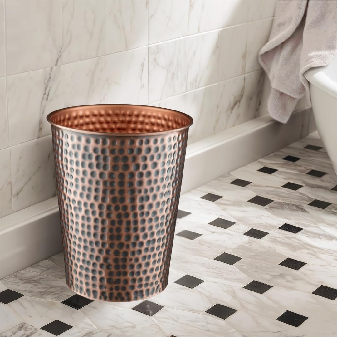 Monarch Abode Copper Hand Hammered Metal Wastebasket for Home Office Bedroom, Decorative Waste Basket, Modern Bathroom Garbage Can, Durable & Decorative Trash Bin, Antique Copper Bathroom Trash Can