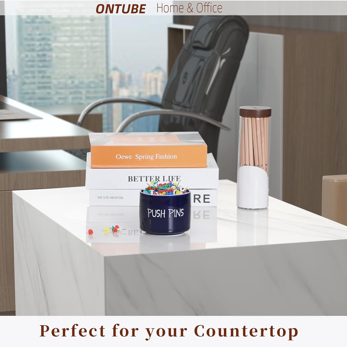 Ceramic Push Pins Holder, Paper Clips Dispenser Organizer for Desk and Binder Clips Holders Container for Office School Home Supplies 3.4Inch, Navy