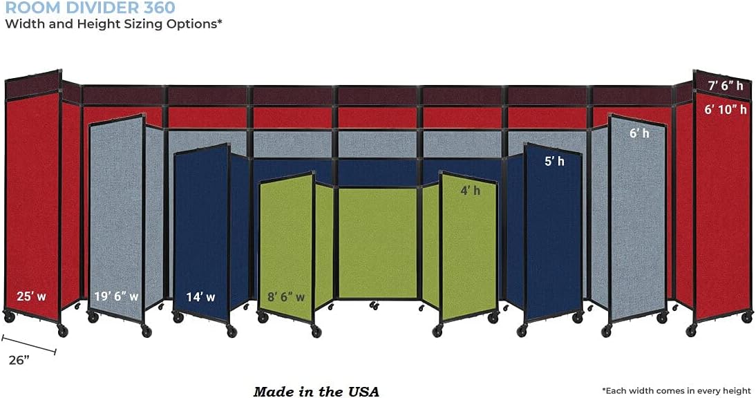 Versare Room Divider 360 Portable Wall Partition | Folding Panels | Large Freestanding Divider | Locking Wheels | Temporary Room Separator | 25' x 7'6'', Navy Blue