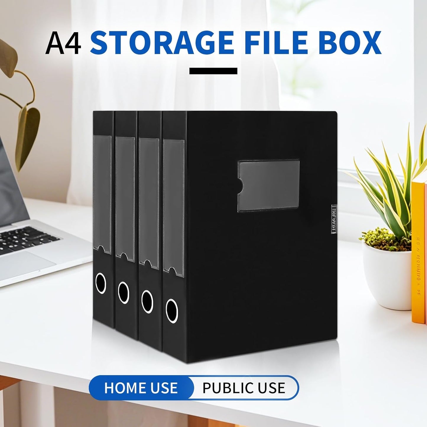 Plastic File Box Archive Storage Case with Lid, 12.2" × 9.4" × 1.6", Letter & A4 Paper, Office Document Organizer Case (Black, 4)