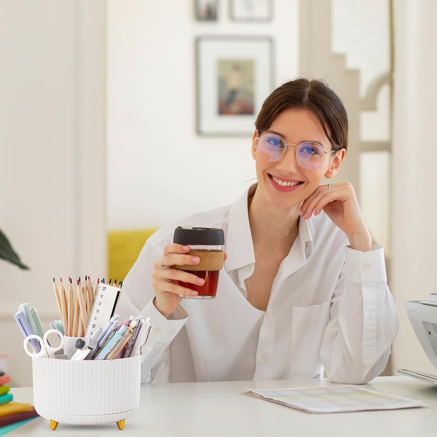 SKYDUE 360 Rotating Organizer - Dual-Purpose Pen & Pencil Holder with 5 Slots, Suitable for Office, School, or Home (White)