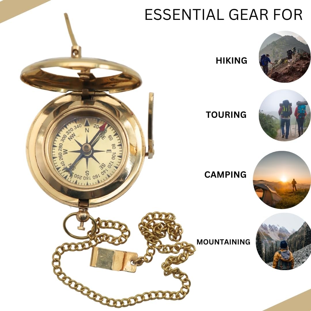 Vintage Brass Sundial Compass with Leather Case - Antique Brass & Copper Sun Clock for Camping, Hiking, Touring - Engraved Gift for Him - Nautical Ship Replica Watch - Sundial Clock in Box