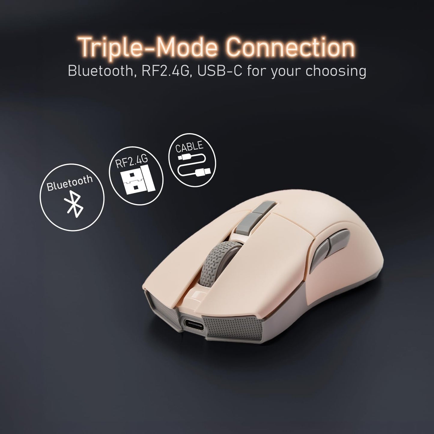 iRocks M31R Wireless Gaming Mouse, Triple Mode 2.4G/ Bluetooth/USB-C Detachable Cable Gaming Mouse, Kailh GM8.0 Switches, Advanced PixArt PAW3395 Optical Sensor, Up to 26,000 DPI - Light Buff Brown