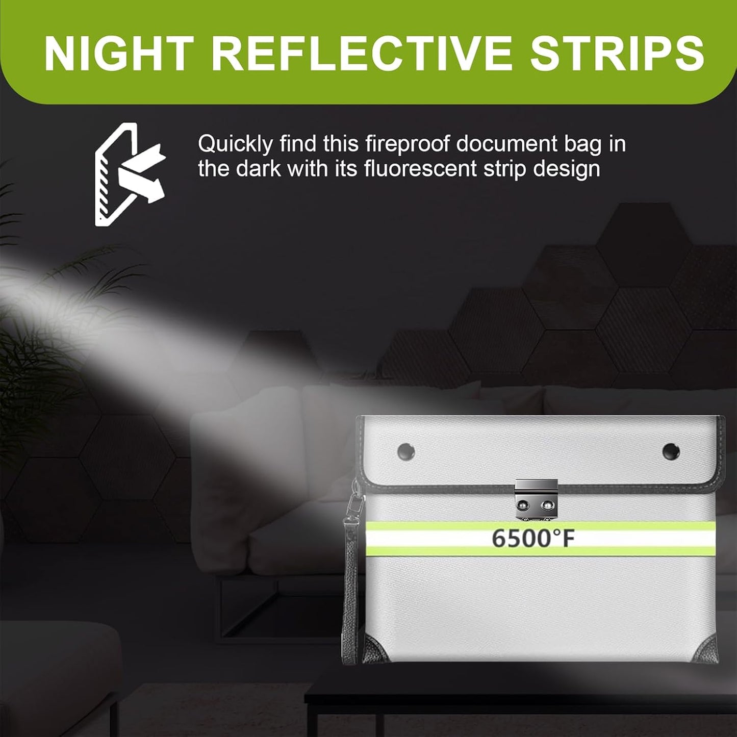 6500°F Fireproof Document Bag with Lock,Upgraded Fireproof/Waterproof Money Bag with Zipper/Reflective Strip,Storage Pouch for A4 Letter Size Document,Cash,Cell Phone,Passport(Not Fit A4 Files)