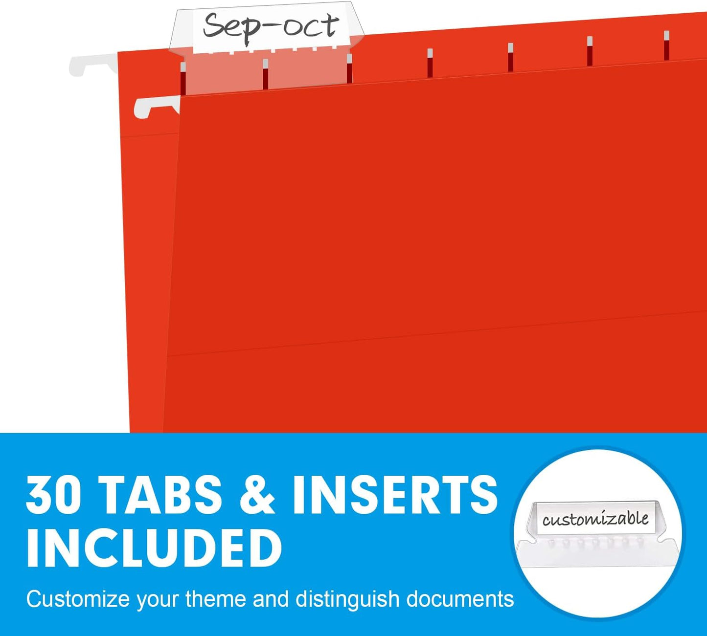 Hanging File Folders, RAZCC 30 Pack Reinforced Hanging Folders Letter Size, Designed for Bulky Files, Filing Cabinet, Adjustable Tabs, Assorted Colors