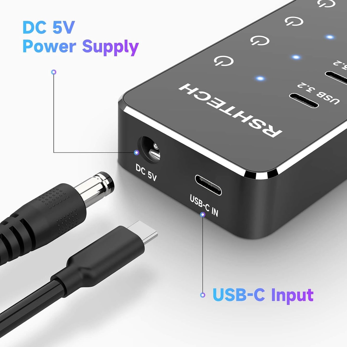 RSHTECH 7-Port Powered USB 3.2/USB C Hub with 10Gbps USB-A 3.2, 2 USB-C 3.2, 4 USB 3.0 Ports, Individual Touch Switches, 3.3ft Cable and 5V Power Adapter, USB Hub Splitter for Laptop/PC, RSH-ST07C