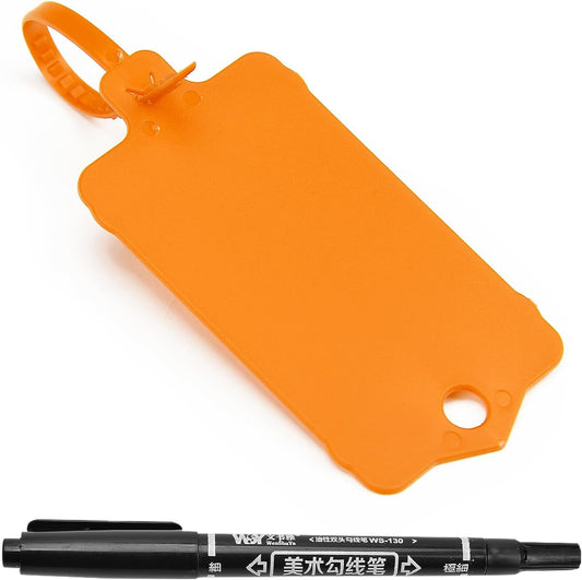 100pcs Blank Plastic Tags for Labeling Reusable Hanging Tags Ties Key Tag Storage Labels Waterproof Plastic Mark Label Writable Hang Sign with One Marker Pen (Orange)