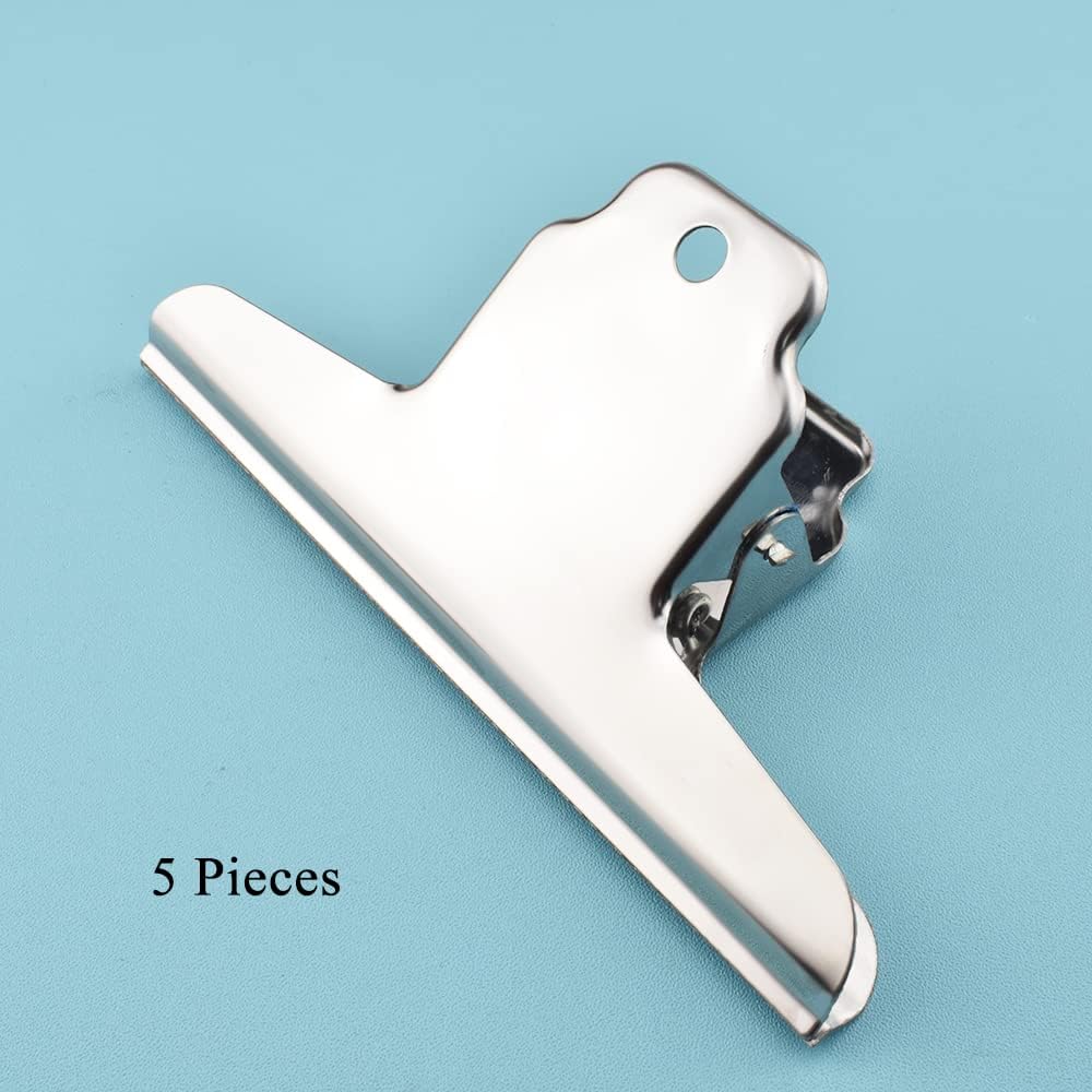 HAHIYO 5.7inch Silver Bulldog Clips Metal File Hinge Binder Clamps Save Space Strong Spring Jaws Rock Solid Grip Book Lay Flat Deburred Edge for Hang Photos Wall Grid Dog Food 5PCS