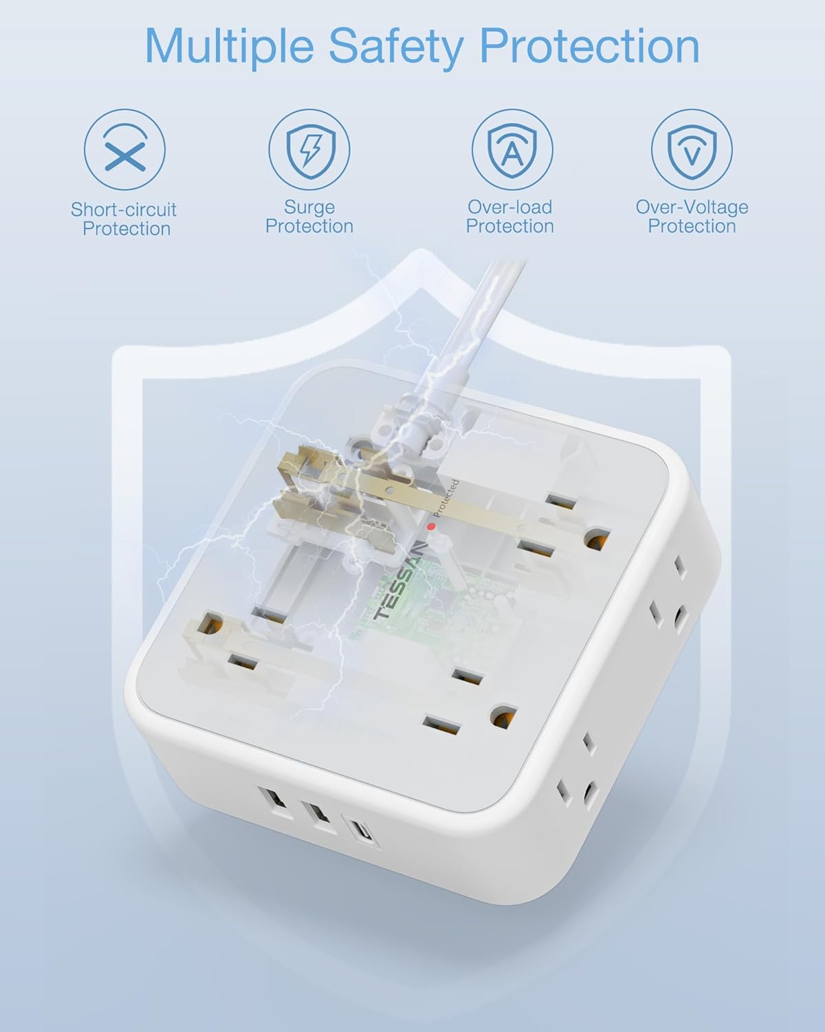 Surge Protector Power Strip 15 Ft Cord, TESSAN 8 Widely Spaced Outlets, 3 USB Charger(1 USB C Port), Ultra Thin Flat Plug Extension Cord 15 Feet, 900J Surge Protection for Home, Dorm Room Essentials